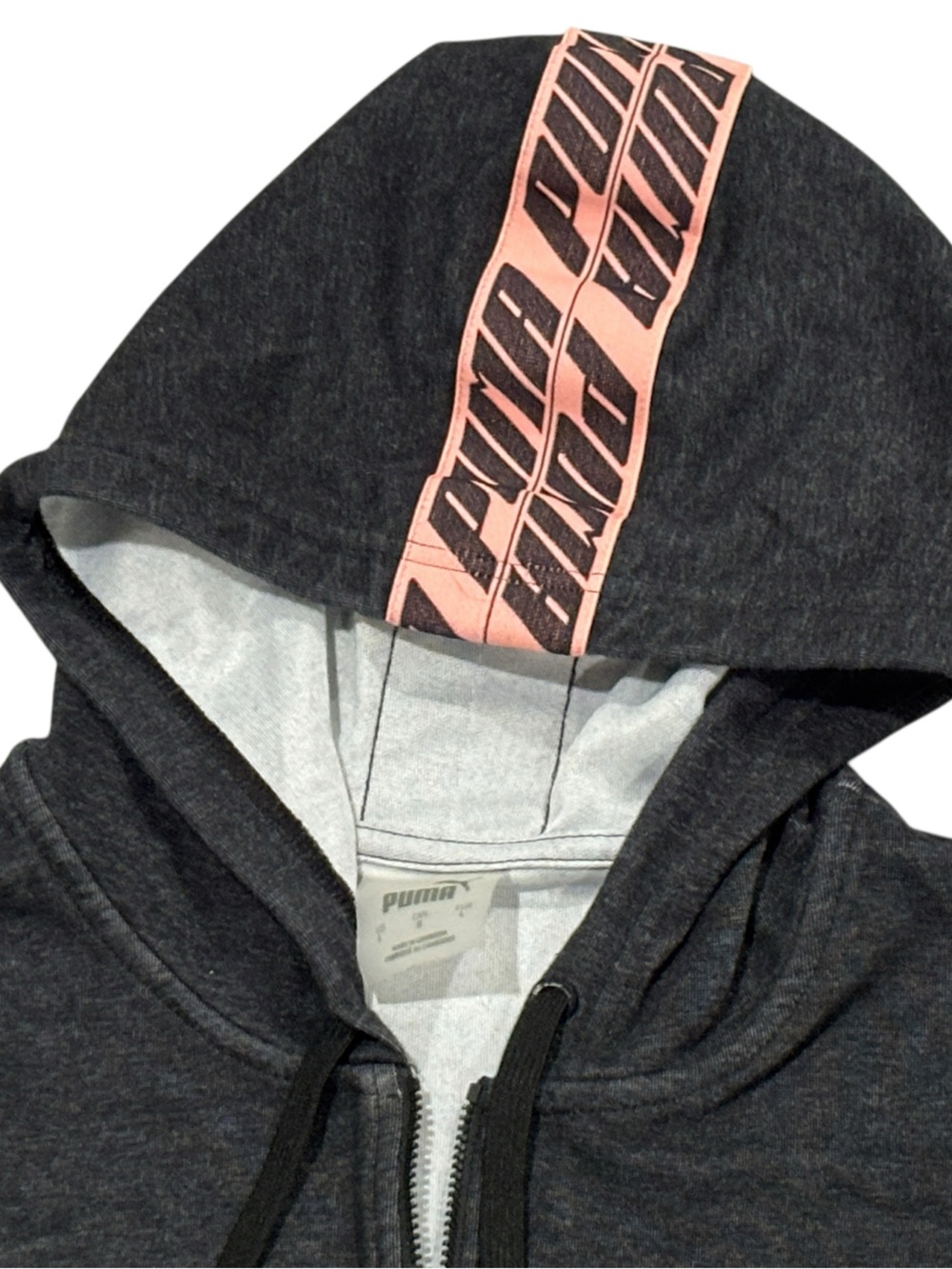 Puma Cropped 3/4 Zip Hoodie Women’s Large Charcoal Gray Pink Logo Athleisure